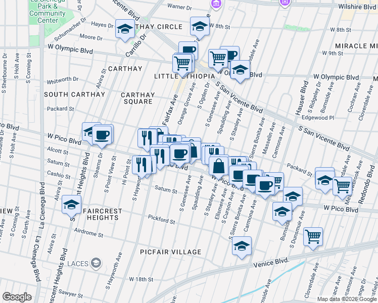 map of restaurants, bars, coffee shops, grocery stores, and more near 1349 South Genesee Avenue in Los Angeles