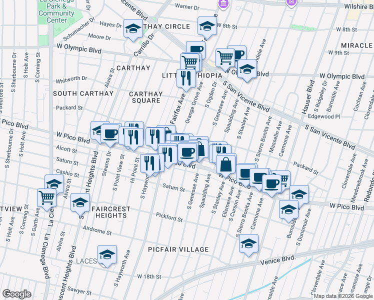 map of restaurants, bars, coffee shops, grocery stores, and more near West Pico Boulevard in Los Angeles
