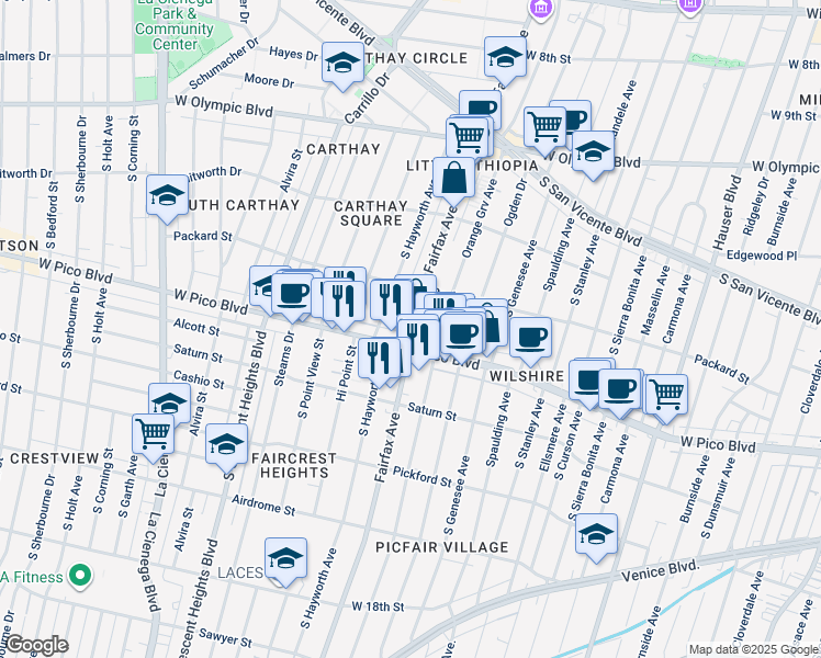map of restaurants, bars, coffee shops, grocery stores, and more near in Los Angeles