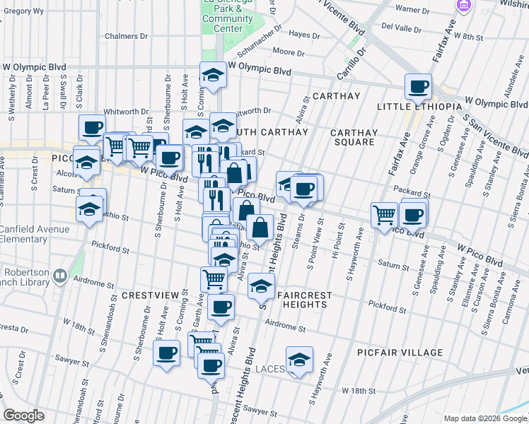 map of restaurants, bars, coffee shops, grocery stores, and more near 1444 Alvira Street in Los Angeles