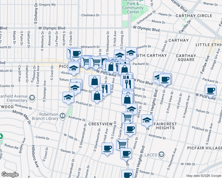 map of restaurants, bars, coffee shops, grocery stores, and more near 1482 South Holt Avenue in Los Angeles