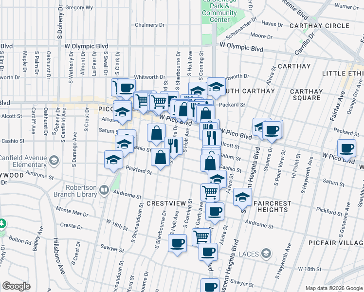 map of restaurants, bars, coffee shops, grocery stores, and more near 1482 South Holt Avenue in Los Angeles