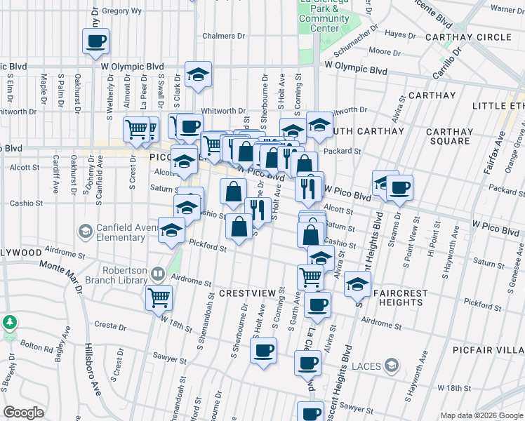 map of restaurants, bars, coffee shops, grocery stores, and more near 8635 Cashio Street in Los Angeles