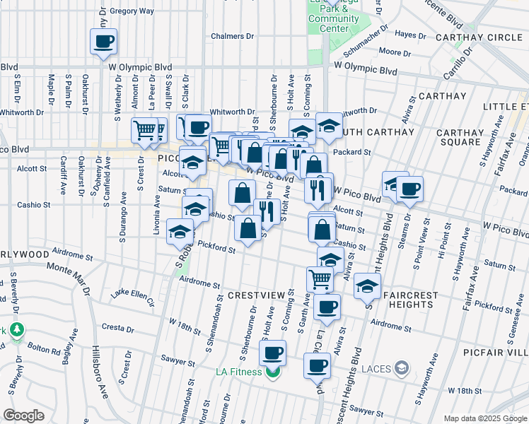 map of restaurants, bars, coffee shops, grocery stores, and more near 8635 Cashio Street in Los Angeles