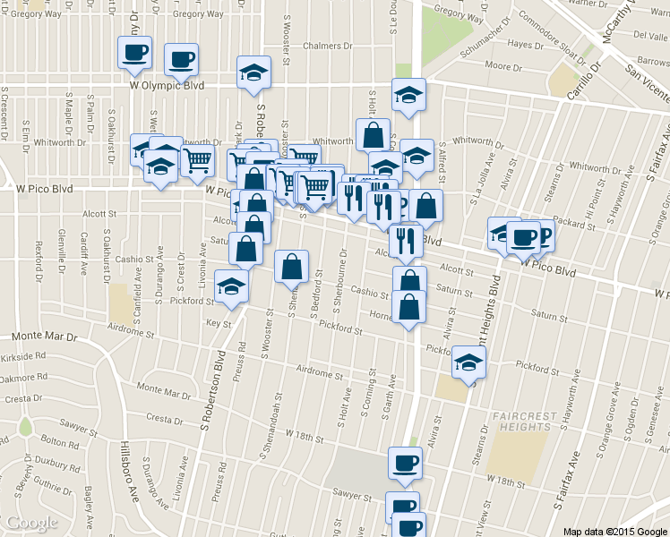 map of restaurants, bars, coffee shops, grocery stores, and more near 8635 Cashio Street in Los Angeles