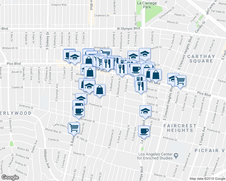 map of restaurants, bars, coffee shops, grocery stores, and more near 8635 Cashio Street in Los Angeles