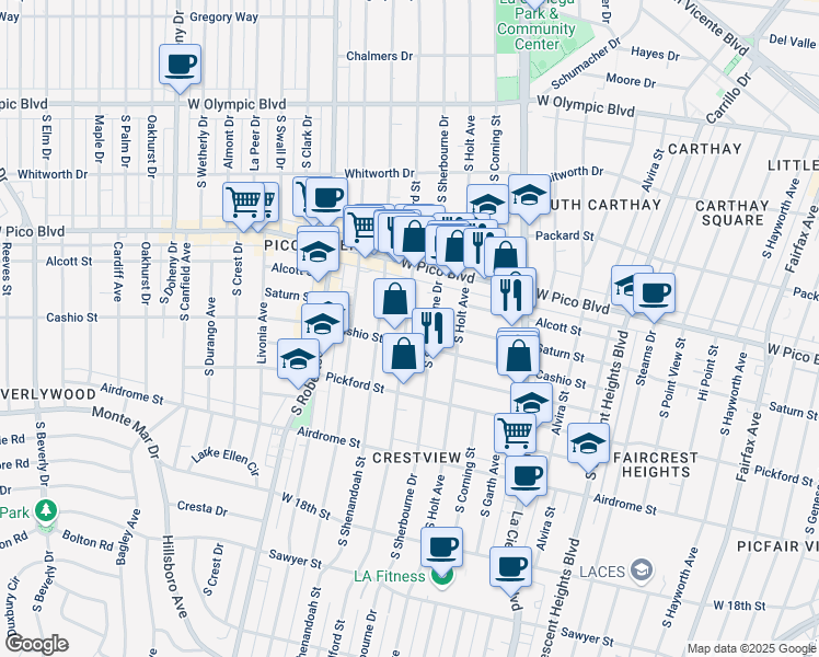 map of restaurants, bars, coffee shops, grocery stores, and more near 8635 Cashio Street in Los Angeles
