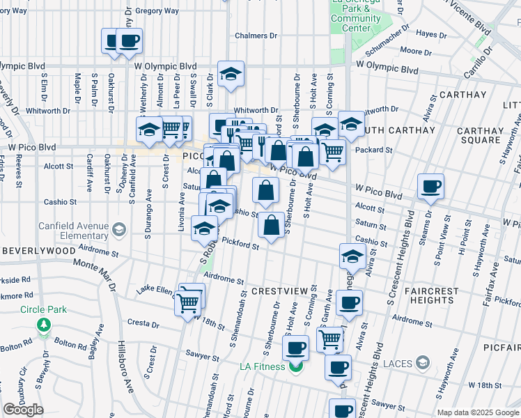 map of restaurants, bars, coffee shops, grocery stores, and more near in Los Angeles
