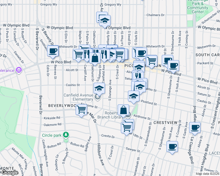 map of restaurants, bars, coffee shops, grocery stores, and more near 1535 South Durango Avenue in Los Angeles