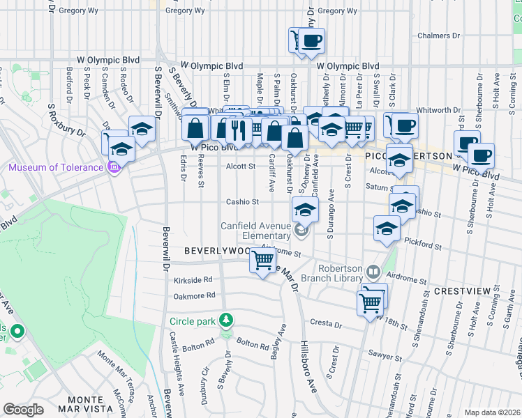 map of restaurants, bars, coffee shops, grocery stores, and more near 1531 Glenville Drive in Los Angeles