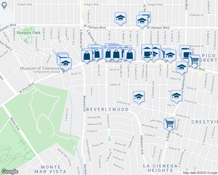 map of restaurants, bars, coffee shops, grocery stores, and more near 1530 South Beverly Drive in Los Angeles