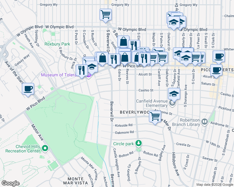 map of restaurants, bars, coffee shops, grocery stores, and more near 1533 Edris Drive in Los Angeles