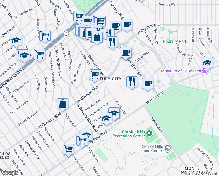 map of restaurants, bars, coffee shops, grocery stores, and more near 10305 Keswick Avenue in Los Angeles