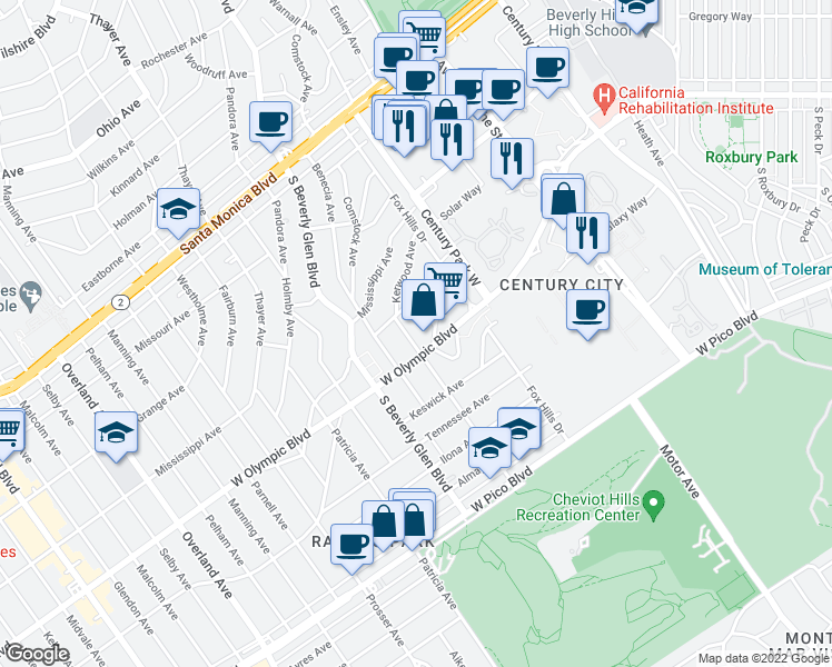 map of restaurants, bars, coffee shops, grocery stores, and more near in Los Angeles