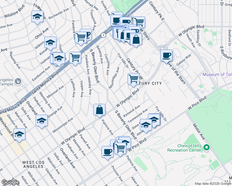 map of restaurants, bars, coffee shops, grocery stores, and more near 2141 Benecia Avenue in Los Angeles