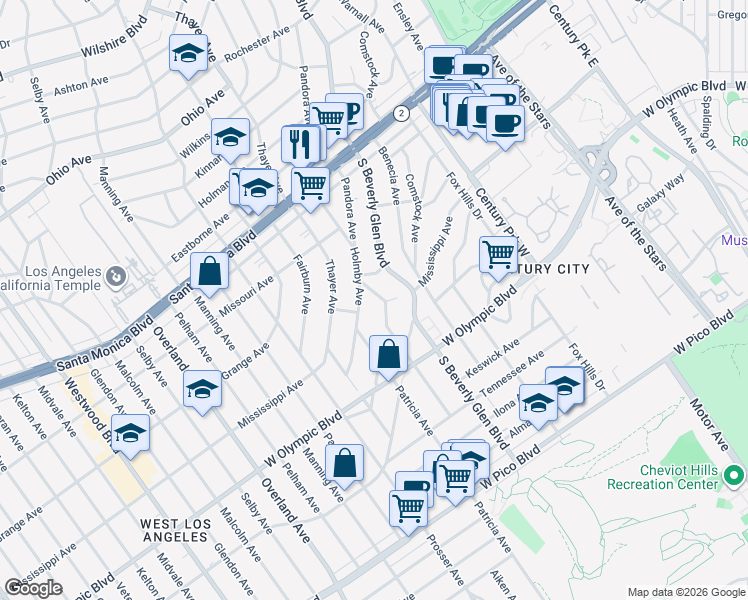 map of restaurants, bars, coffee shops, grocery stores, and more near 2050 Holmby Avenue in Los Angeles