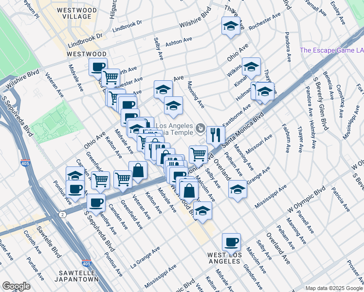 map of restaurants, bars, coffee shops, grocery stores, and more near 1738 Malcolm Avenue in Los Angeles