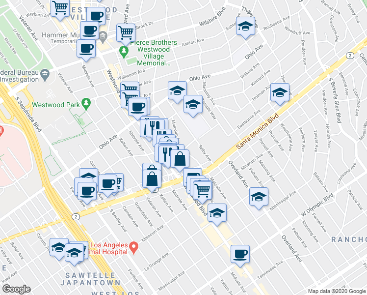 map of restaurants, bars, coffee shops, grocery stores, and more near 1730 Glendon Avenue in Los Angeles