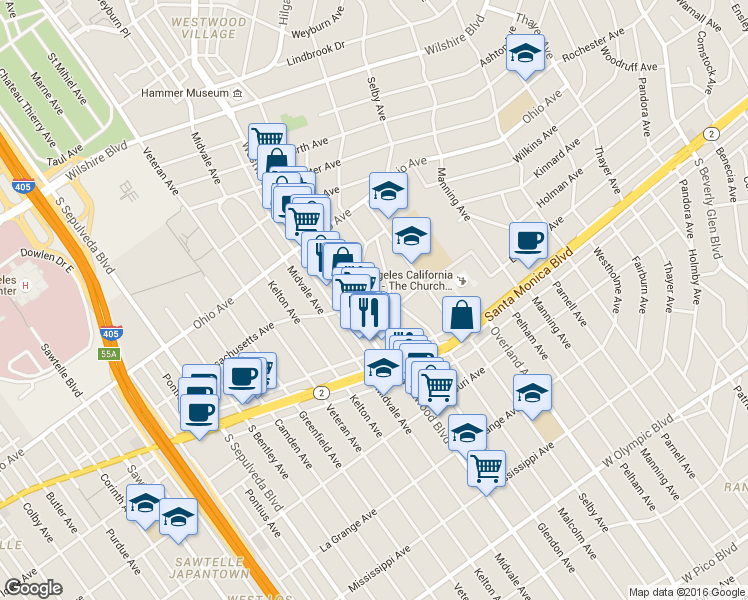 map of restaurants, bars, coffee shops, grocery stores, and more near 1730 Glendon Avenue in Los Angeles