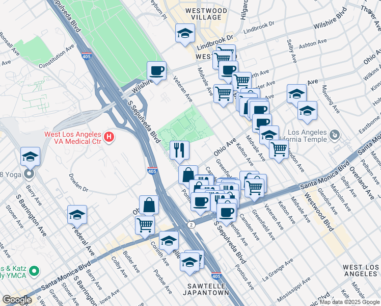 map of restaurants, bars, coffee shops, grocery stores, and more near 1422 South Bentley Avenue in Los Angeles