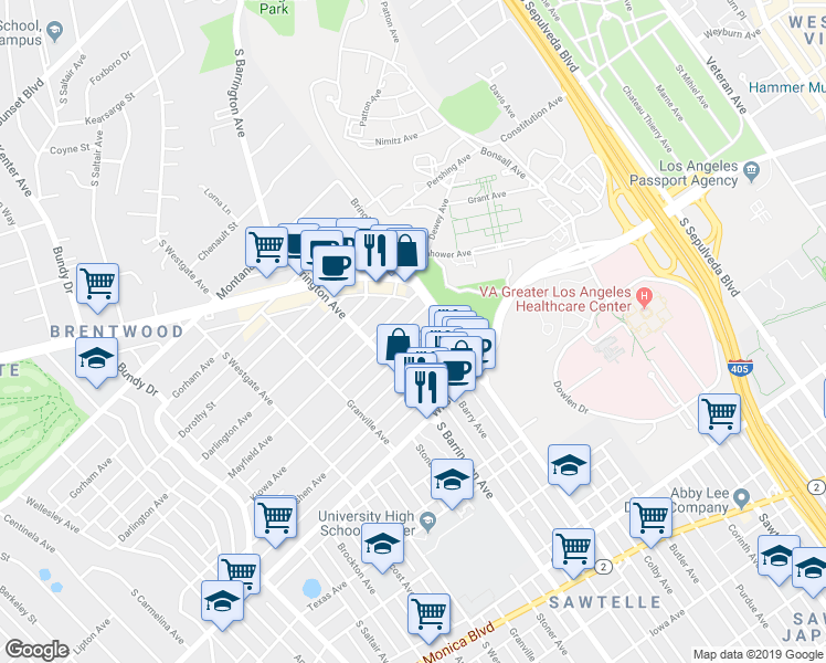 map of restaurants, bars, coffee shops, grocery stores, and more near 1145 Barry Avenue in Los Angeles