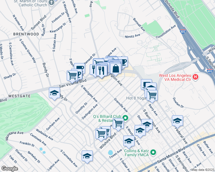 map of restaurants, bars, coffee shops, grocery stores, and more near 11753 Mayfield Avenue in Los Angeles