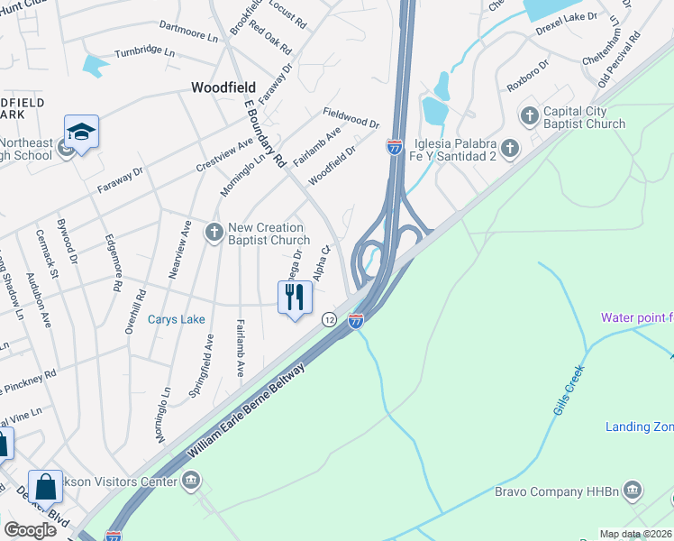 map of restaurants, bars, coffee shops, grocery stores, and more near 1805 East Boundary Road in Columbia