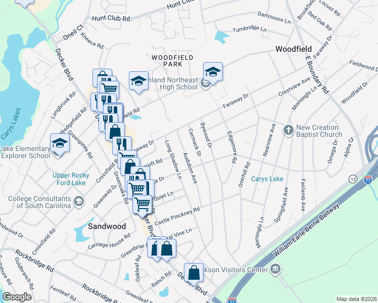 map of restaurants, bars, coffee shops, grocery stores, and more near 2104 Audubon Avenue in Columbia