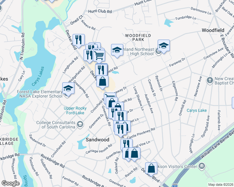 map of restaurants, bars, coffee shops, grocery stores, and more near 2210 Decker Boulevard in Columbia