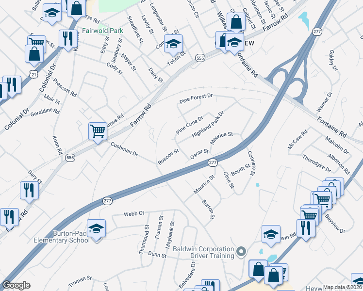 map of restaurants, bars, coffee shops, grocery stores, and more near 2119 Chaney Street in Columbia