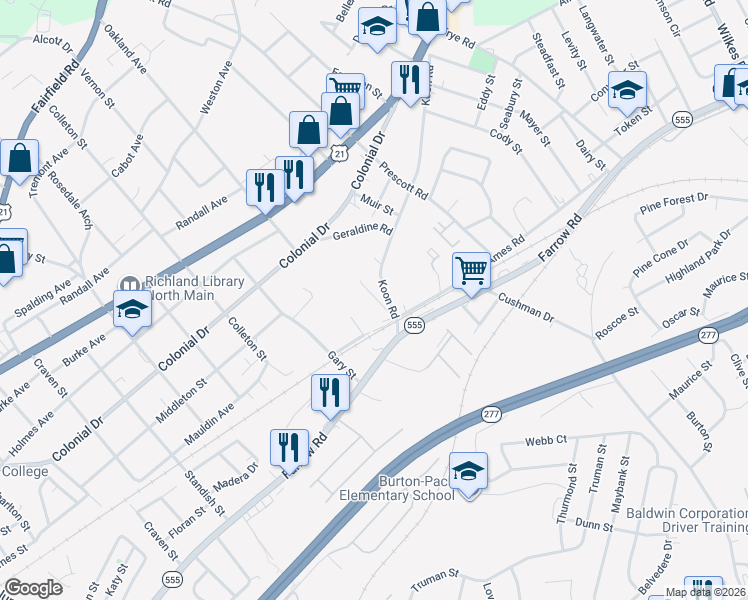 map of restaurants, bars, coffee shops, grocery stores, and more near 1729 Pats Drive in Columbia