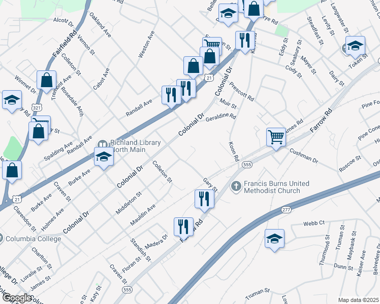 map of restaurants, bars, coffee shops, grocery stores, and more near 5601 Middleton Court in Columbia