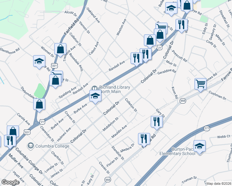 map of restaurants, bars, coffee shops, grocery stores, and more near 5404 Holmes Avenue in Columbia