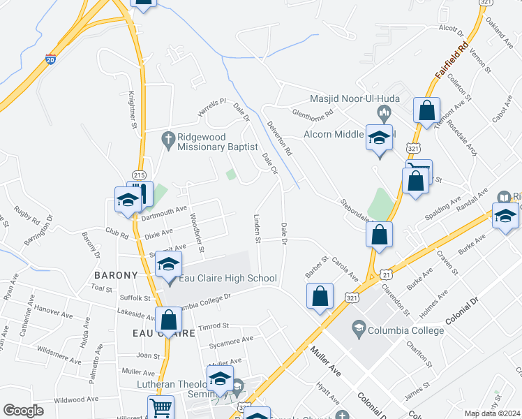 map of restaurants, bars, coffee shops, grocery stores, and more near 4827 Linden Street in Columbia