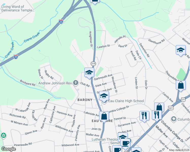 map of restaurants, bars, coffee shops, grocery stores, and more near 620 Dartmouth Avenue in Columbia