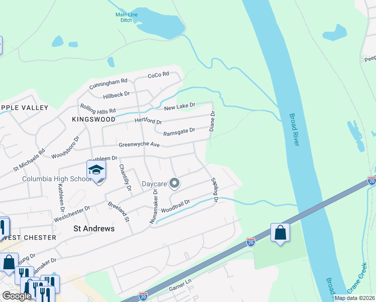 map of restaurants, bars, coffee shops, grocery stores, and more near 2116 Kathleen Drive in Columbia