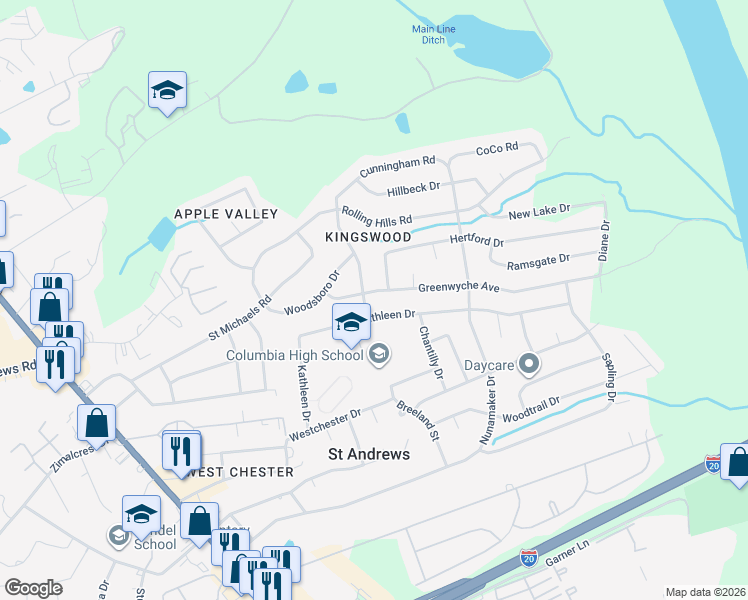 map of restaurants, bars, coffee shops, grocery stores, and more near 1803 Kathleen Drive in Columbia