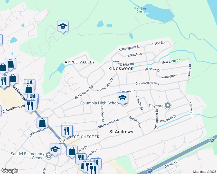map of restaurants, bars, coffee shops, grocery stores, and more near 1838 Woodsboro Drive in Columbia