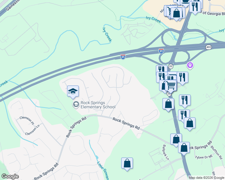 map of restaurants, bars, coffee shops, grocery stores, and more near 3140 Baymount Drive in Lawrenceville