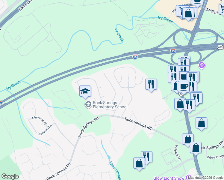 map of restaurants, bars, coffee shops, grocery stores, and more near 947 Koala Street in Lawrenceville