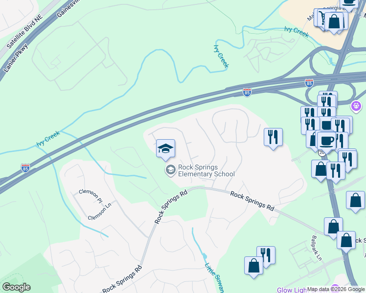 map of restaurants, bars, coffee shops, grocery stores, and more near 3154 Baymount Way in Lawrenceville