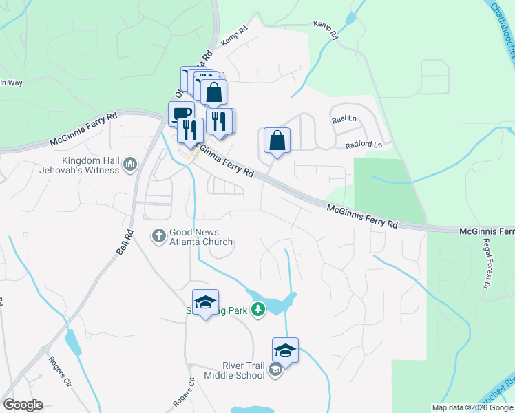 map of restaurants, bars, coffee shops, grocery stores, and more near 7905 Cavendish Place in Suwanee