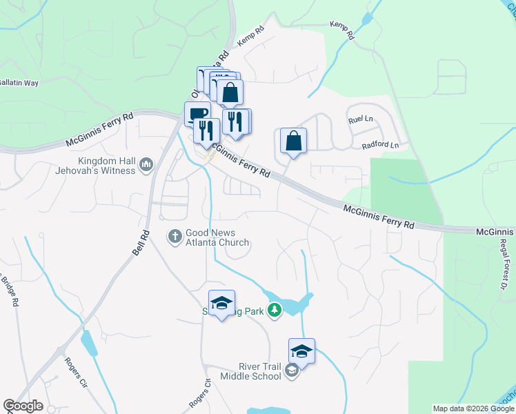 map of restaurants, bars, coffee shops, grocery stores, and more near 7830 Cavendish Place in Suwanee