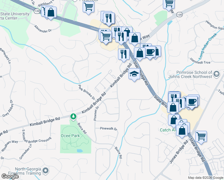 map of restaurants, bars, coffee shops, grocery stores, and more near 125 Pine Top Court in Alpharetta