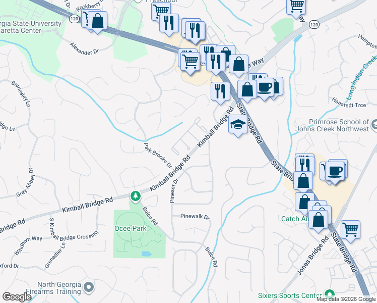 map of restaurants, bars, coffee shops, grocery stores, and more near 4200 Pine Vista Boulevard in Alpharetta