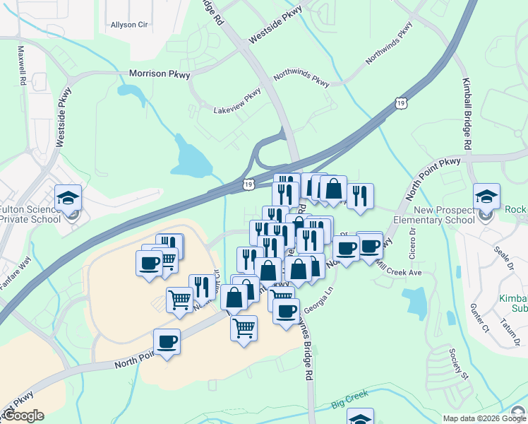 map of restaurants, bars, coffee shops, grocery stores, and more near 1275 North Point Drive in Alpharetta