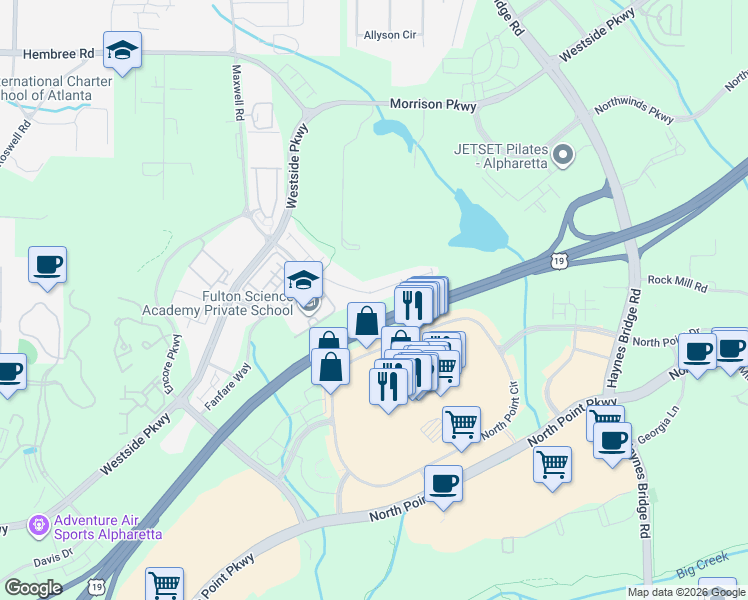 map of restaurants, bars, coffee shops, grocery stores, and more near 360 Duval Drive in Alpharetta