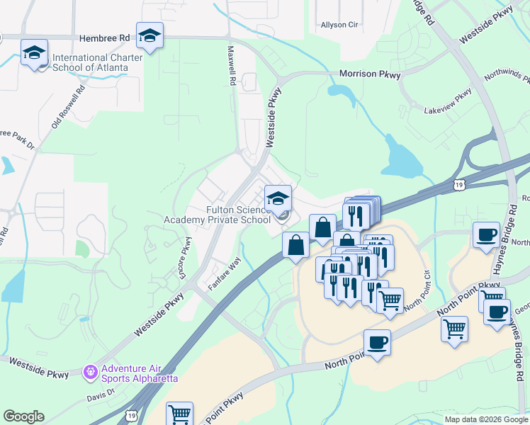 map of restaurants, bars, coffee shops, grocery stores, and more near 3035 Fanfare Way in Alpharetta