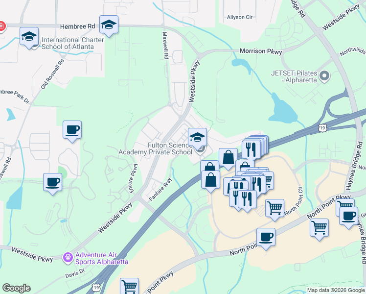 map of restaurants, bars, coffee shops, grocery stores, and more near 11279 Calypso Drive in Alpharetta