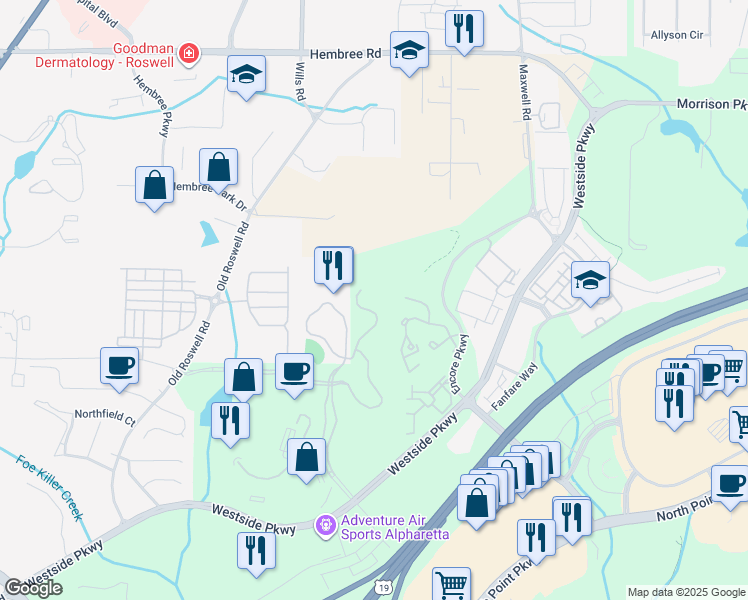 map of restaurants, bars, coffee shops, grocery stores, and more near 1110 Sanctuary Parkway in Alpharetta
